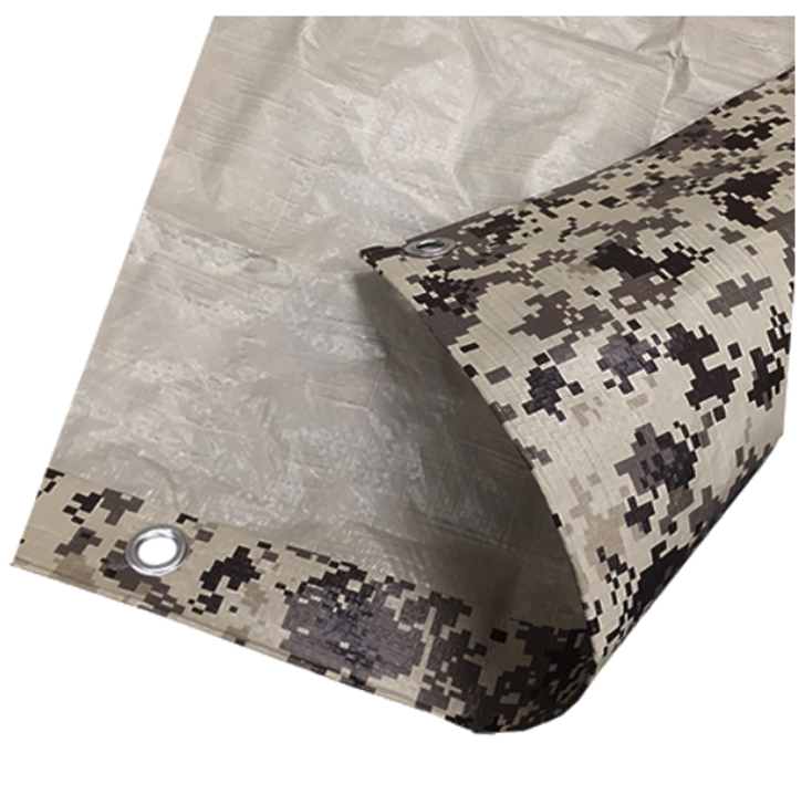 Durable digital camouflage tarp with reinforced edges and metal grommets.